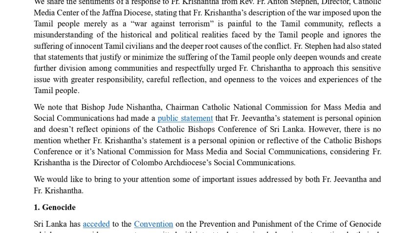 தமிழ் இனப்படுகொலை உண்மையை மறைக்க முடியாது – அருட்தந்தை ஜீவந்த பீரிஸிக்கு பரந்த ஆதரவு